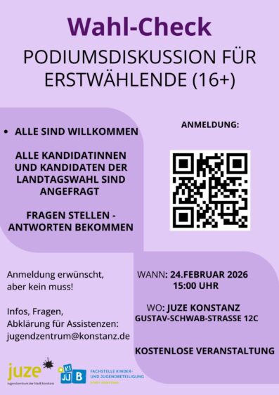 Wahl-Check ist eine Veranstaltung für alle Erstwählenden ab 16 Jahren in Konstanz. Es geht um die bevorstehende Landtagswahl in Baden-Württemberg. Die Teilnehmenden bereiten sich gemeinsam auf die Gesprächsrunde vor. Sie überlegen Fragen zur Wahl. Danach gibt es eine Podiumsdiskussion mit Kandidat*innen. Im Anschluss können alle weiter miteinander sprechen. Die Veranstaltung ist offen gestaltet. Wir achten darauf, dass alle gut teilnehmen können. Wann: Dienstag, 24. Februar 2026, 16:00 Uhr Wo: Juze Konstanz
